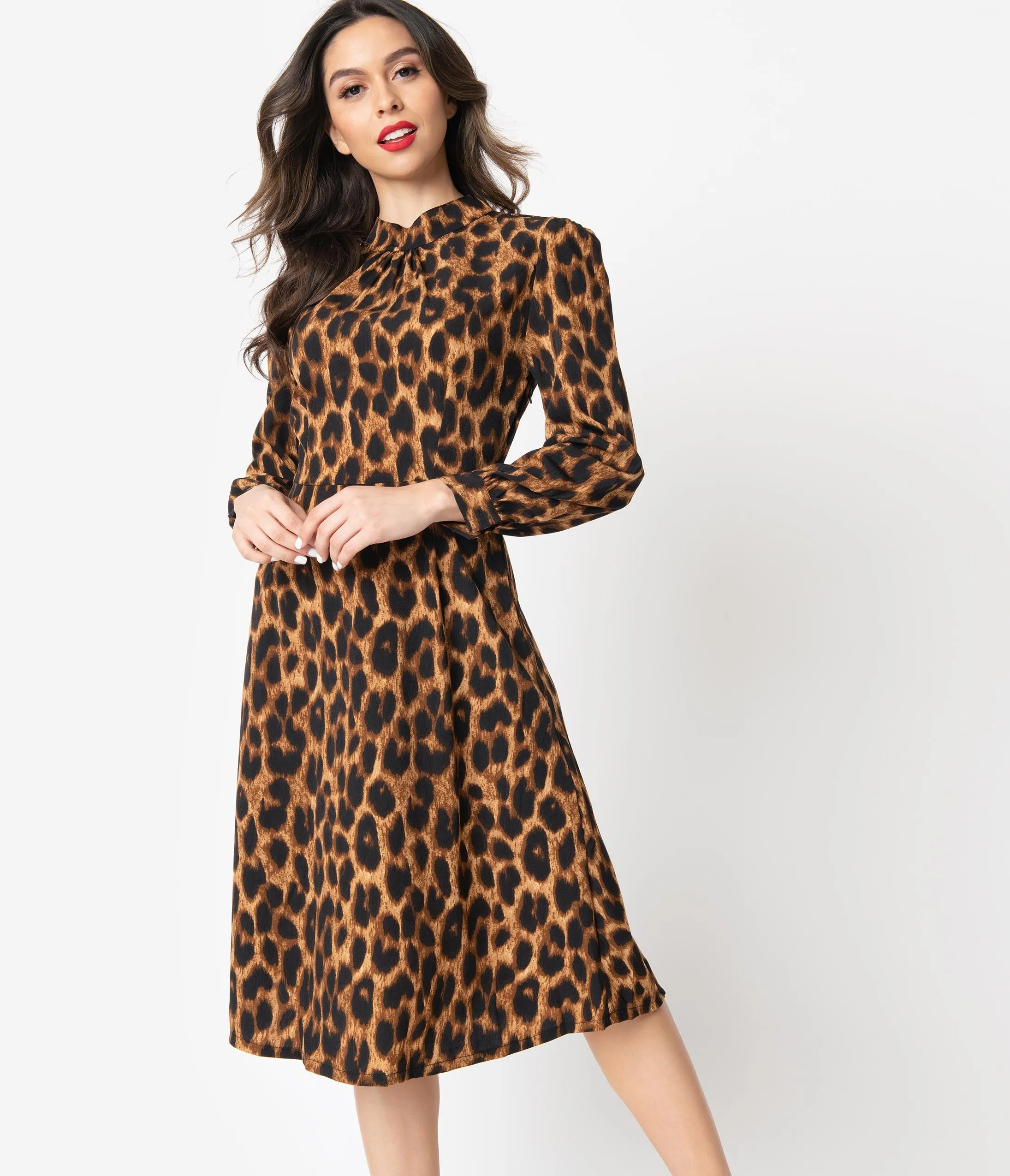 1970s Style Leopard Print Long Sleeve Swing Dress