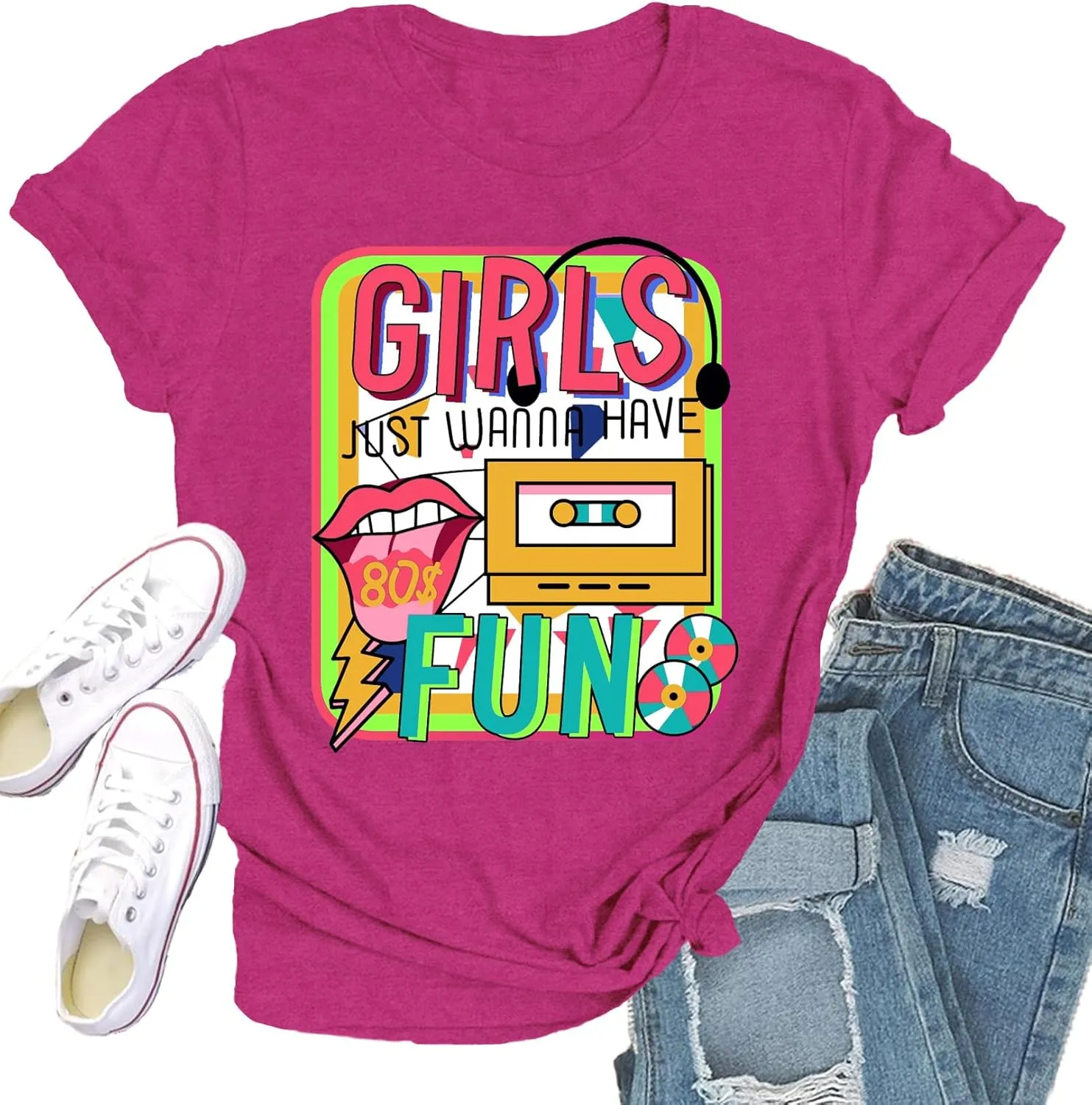 80s Shirt for Women Retro Vintage 80s' Party Tshirt Girls Just Wanna Have Fun Tee Tops