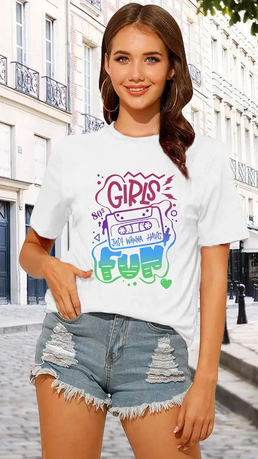 80s Shirt for Women Retro Vintage 80s' Party Tshirt Girls Just Wanna Have Fun Tee Tops