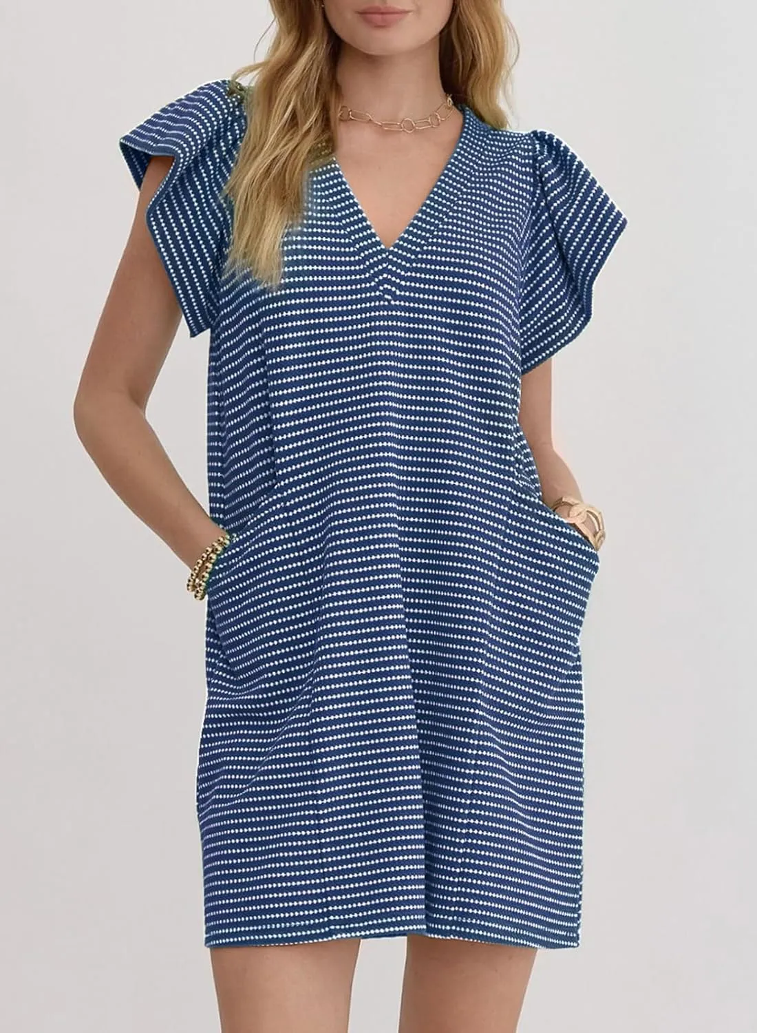 Acelitt Womens Casual Summer V Neck Cap Sleeve Shift Mini Dress with Pockets, S-XXL