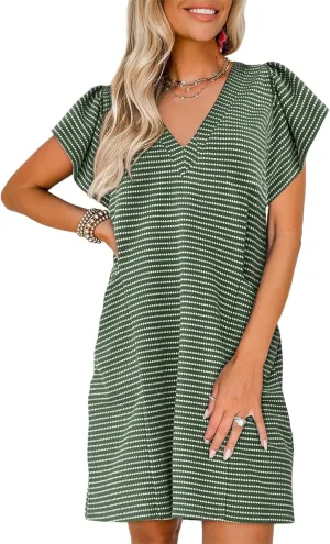 Acelitt Womens Casual Summer V Neck Cap Sleeve Shift Mini Dress with Pockets, S-XXL