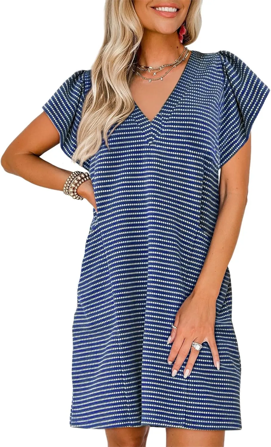 Acelitt Womens Casual Summer V Neck Cap Sleeve Shift Mini Dress with Pockets, S-XXL