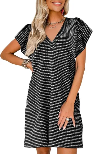 Acelitt Womens Casual Summer V Neck Cap Sleeve Shift Mini Dress with Pockets, S-XXL