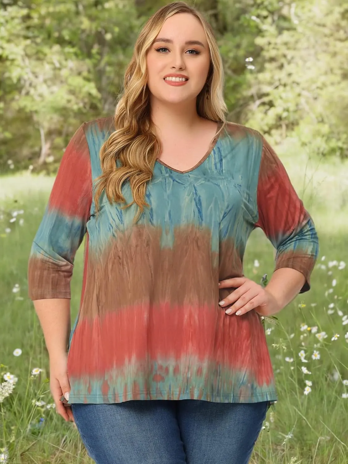 Agnes Orinda Plus Size T Shirt for Women V Neck 3/4 Sleeve Loose Casual Blouse Striped Tie Dye Print Tops