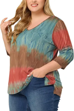 Agnes Orinda Plus Size T Shirt for Women V Neck 3/4 Sleeve Loose Casual Blouse Striped Tie Dye Print Tops