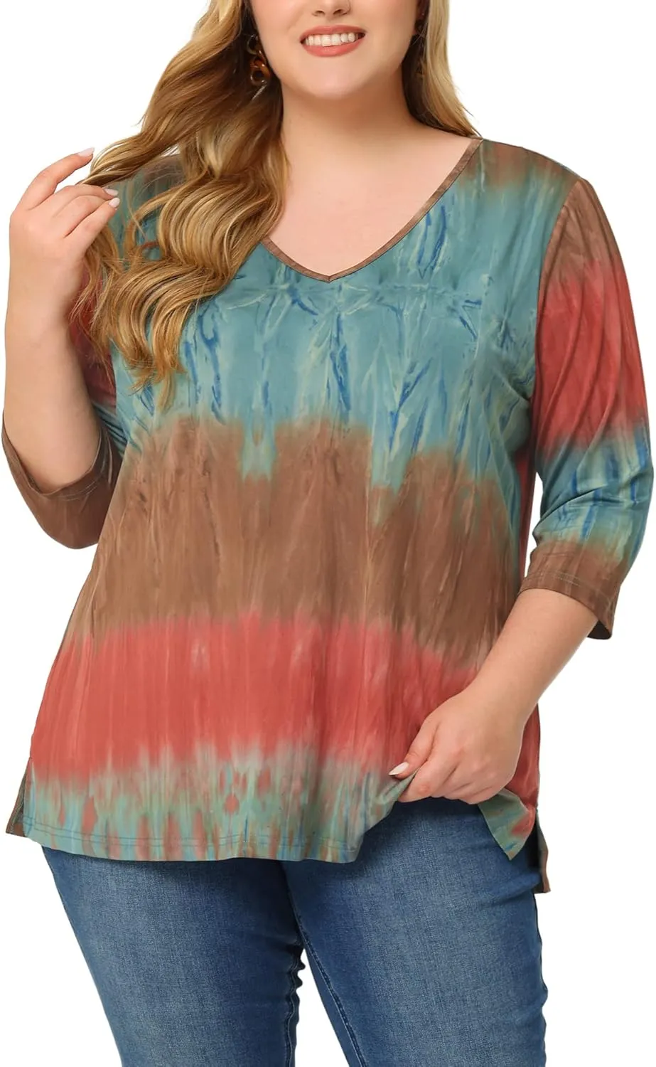 Agnes Orinda Plus Size T Shirt for Women V Neck 3/4 Sleeve Loose Casual Blouse Striped Tie Dye Print Tops