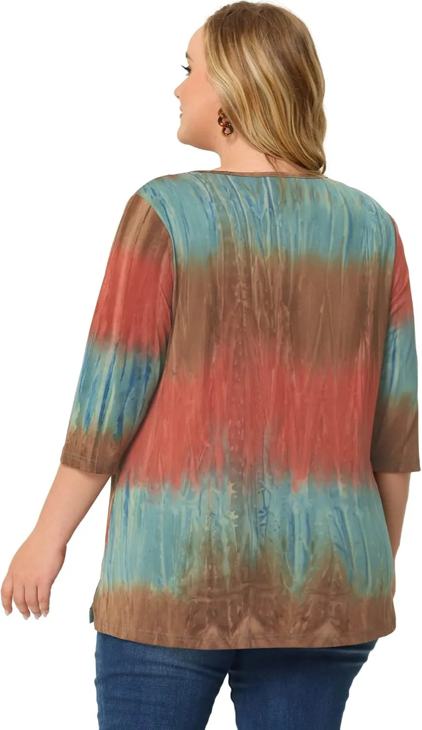 Agnes Orinda Plus Size T Shirt for Women V Neck 3/4 Sleeve Loose Casual Blouse Striped Tie Dye Print Tops