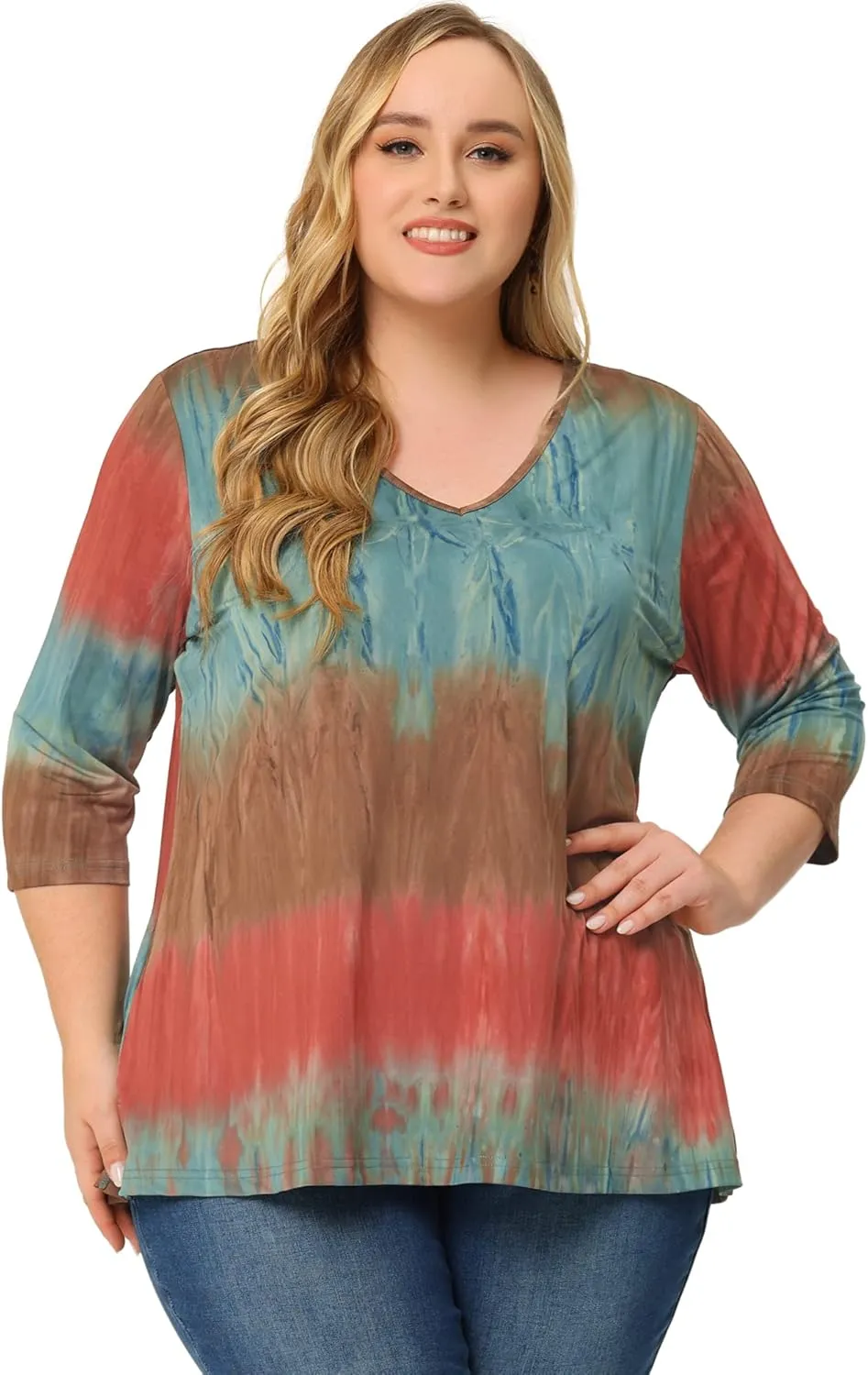 Agnes Orinda Plus Size T Shirt for Women V Neck 3/4 Sleeve Loose Casual Blouse Striped Tie Dye Print Tops