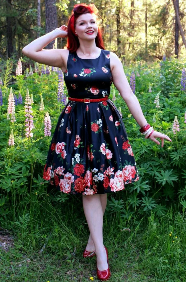 Annie Floral Roses Satin Flared Dress in Black-Pink