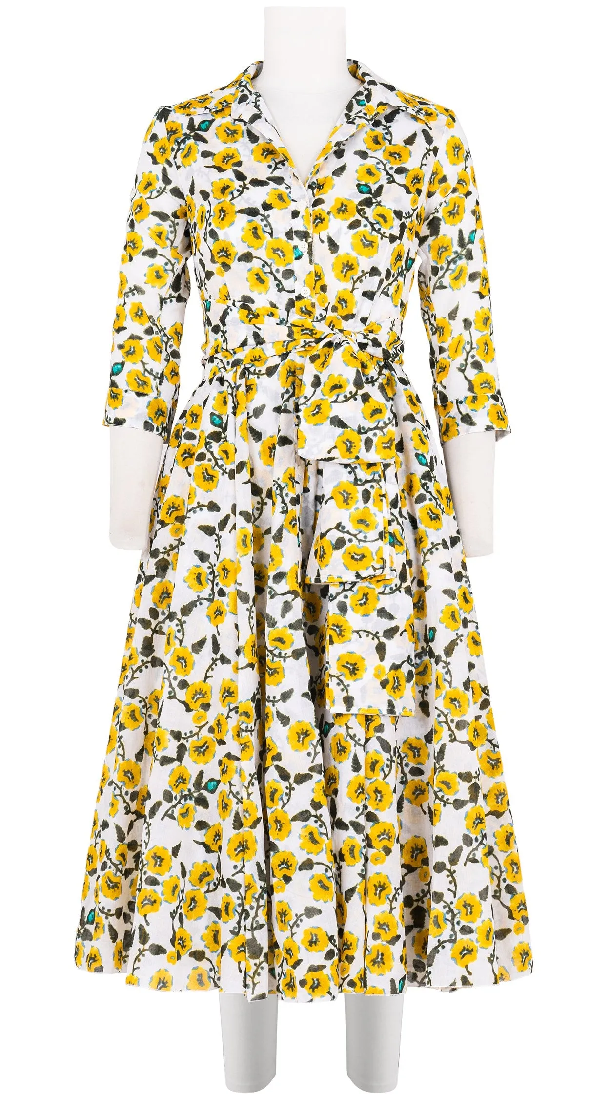 Aster Dress Shirt Collar 3/4 Sleeve Midi Length Cotton Musola (Azalea Flower Small)