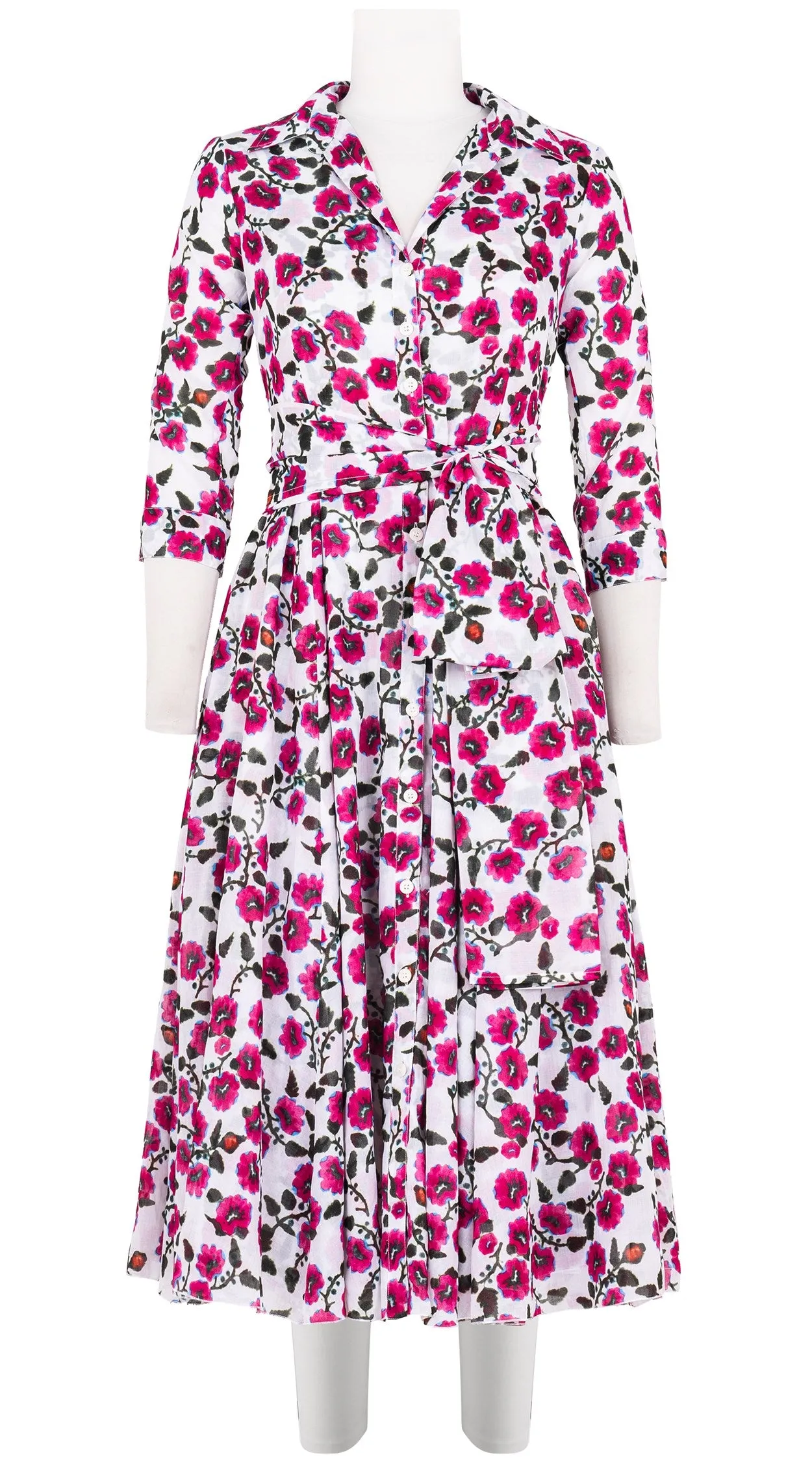 Aster Dress Shirt Collar 3/4 Sleeve Midi Length Cotton Musola (Azalea Flower Small)