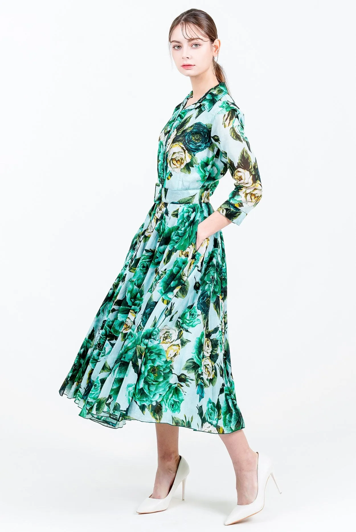 Aster Dress Shirt Collar 3/4 Sleeve Midi Length Cotton Musola (Peony Kimono All Over)