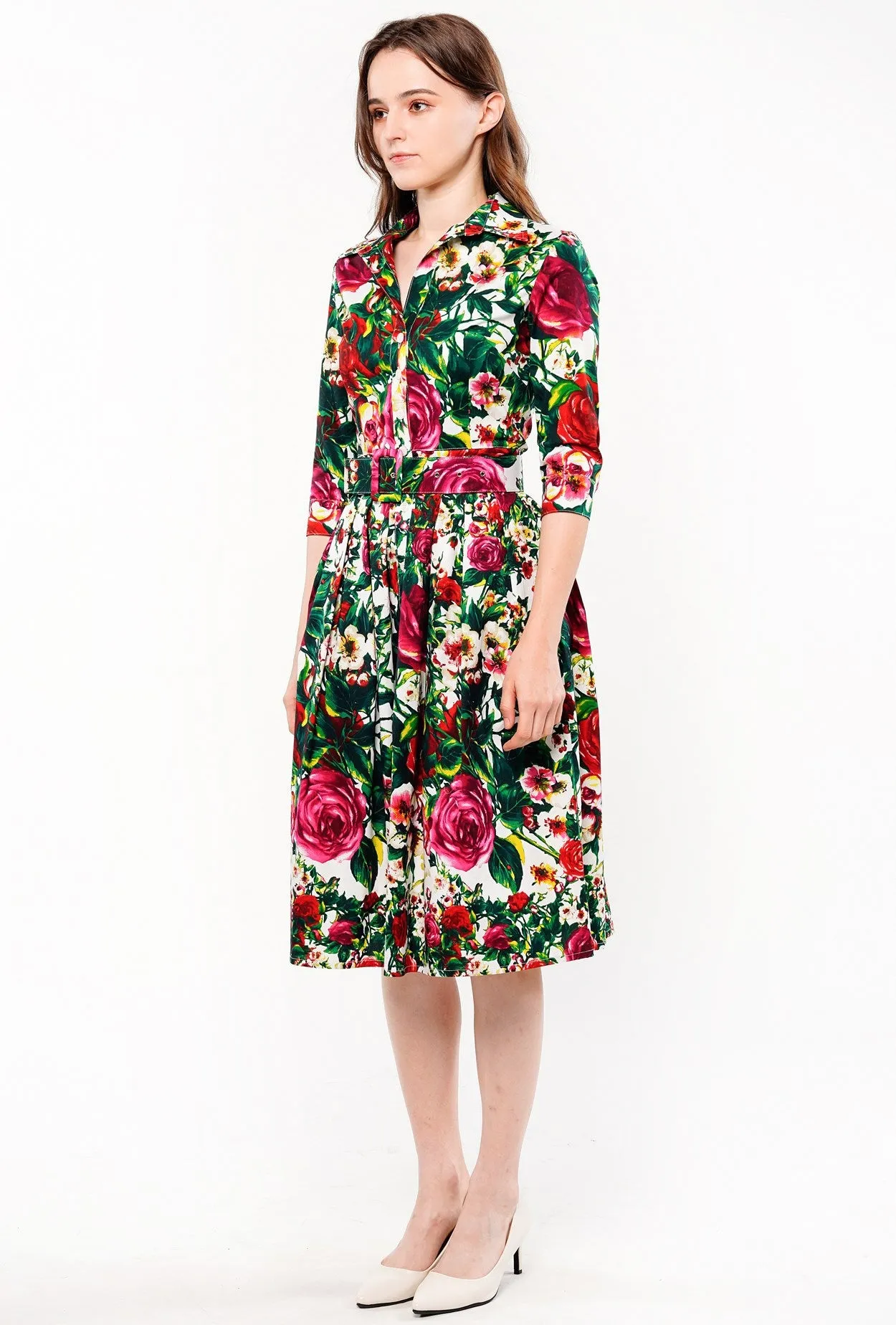 Audrey Dress #1 Shirt Collar 3/4 Sleeve Cotton Stretch (Rose Garden Small)