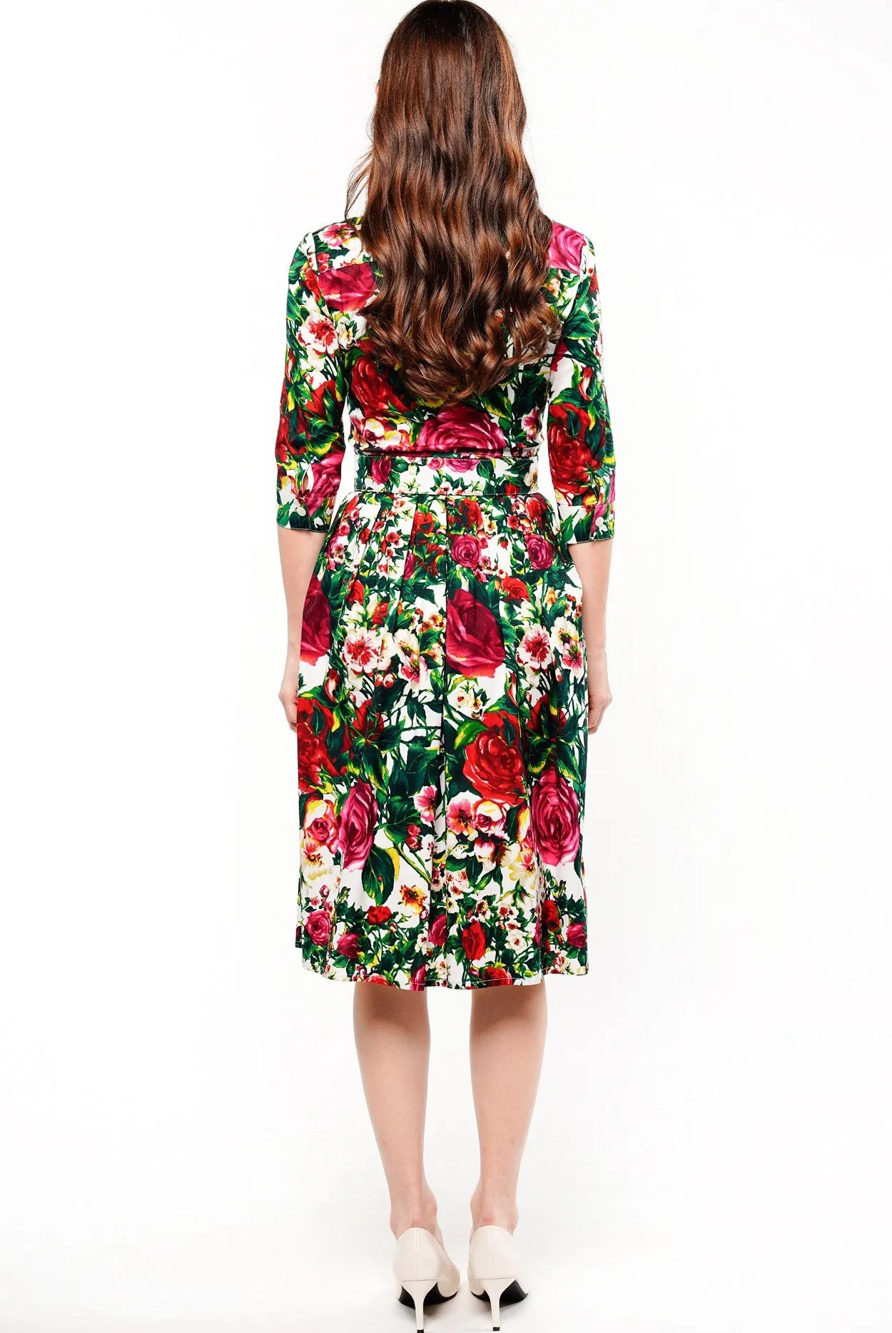 Audrey Dress #1 Shirt Collar 3/4 Sleeve Cotton Stretch (Rose Garden Small)