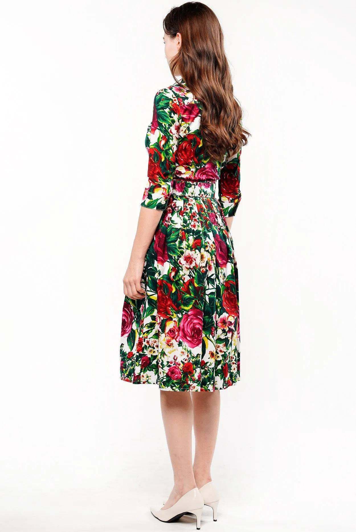 Audrey Dress #1 Shirt Collar 3/4 Sleeve Cotton Stretch (Rose Garden Small)