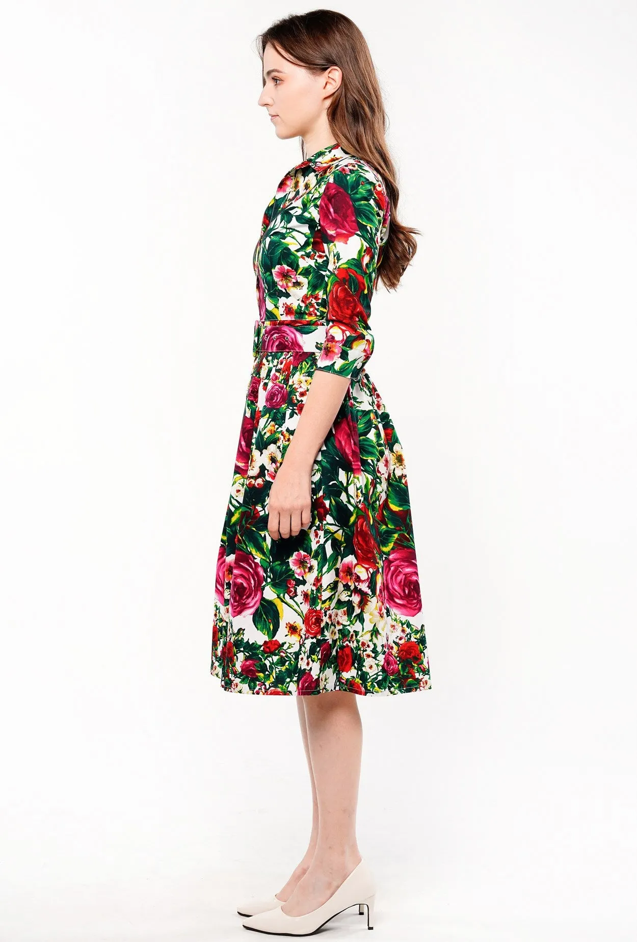 Audrey Dress #1 Shirt Collar 3/4 Sleeve Cotton Stretch (Rose Garden Small)