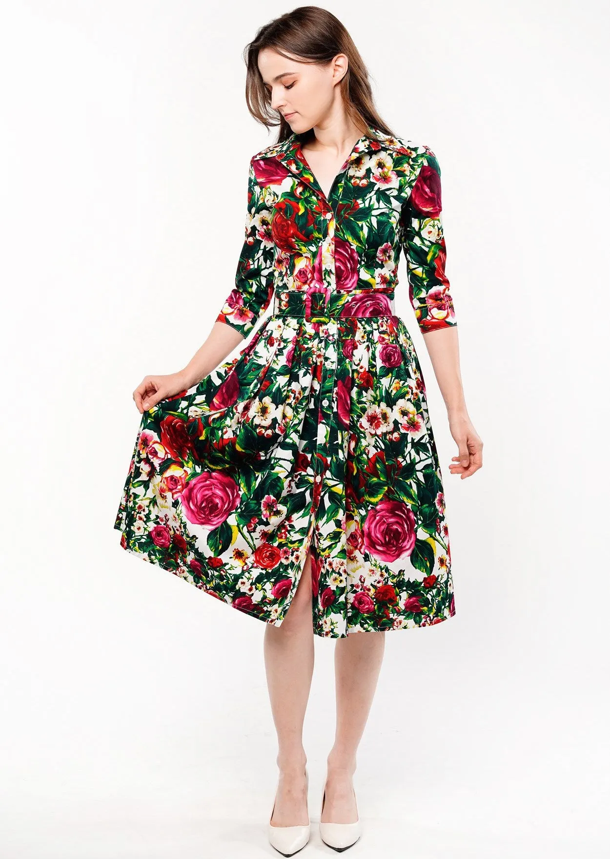 Audrey Dress #1 Shirt Collar 3/4 Sleeve Cotton Stretch (Rose Garden Small)