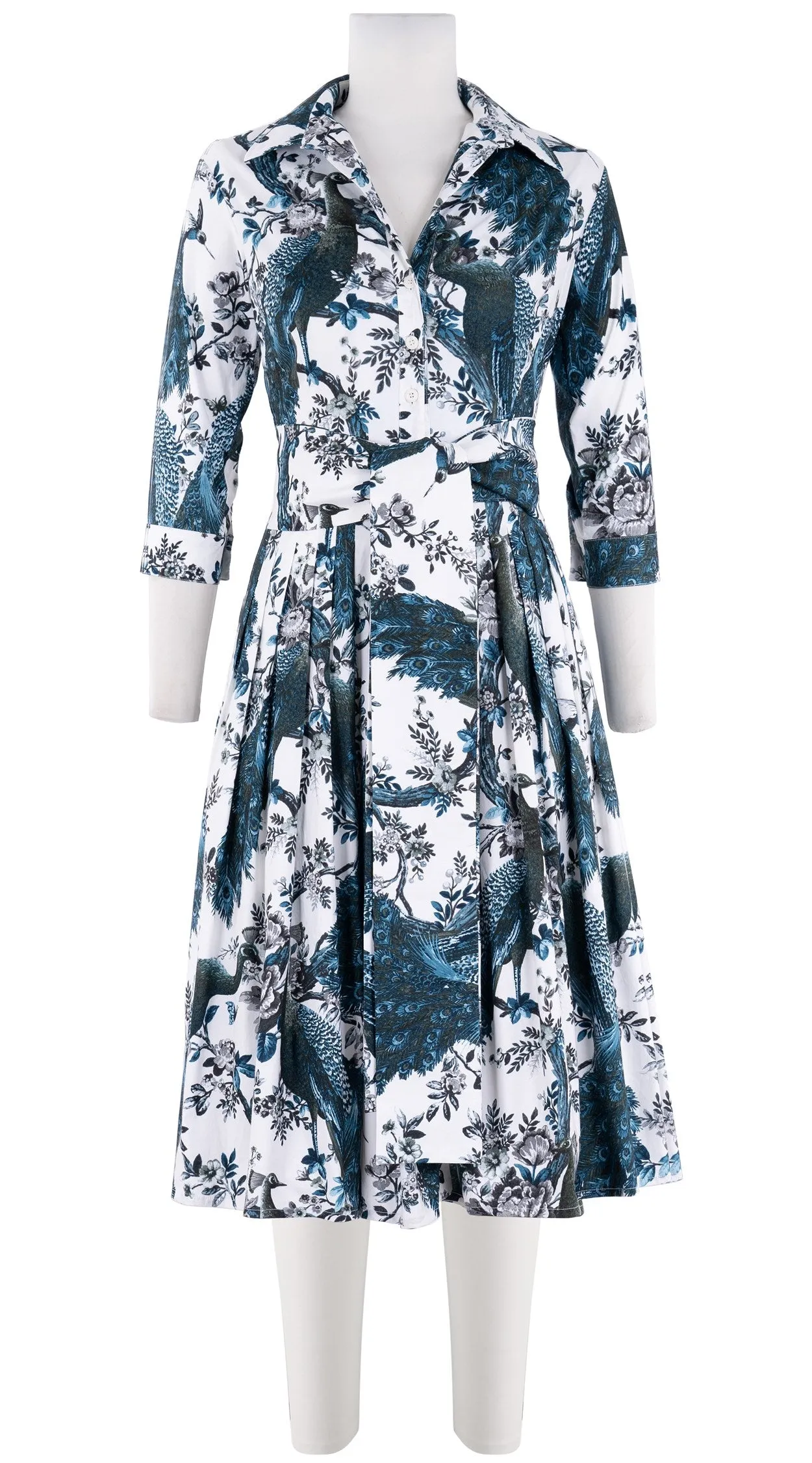Audrey Dress #2 Shirt Collar 3/4 Sleeve Long  3 Length Cotton Stretch (Belvedere Peacok)