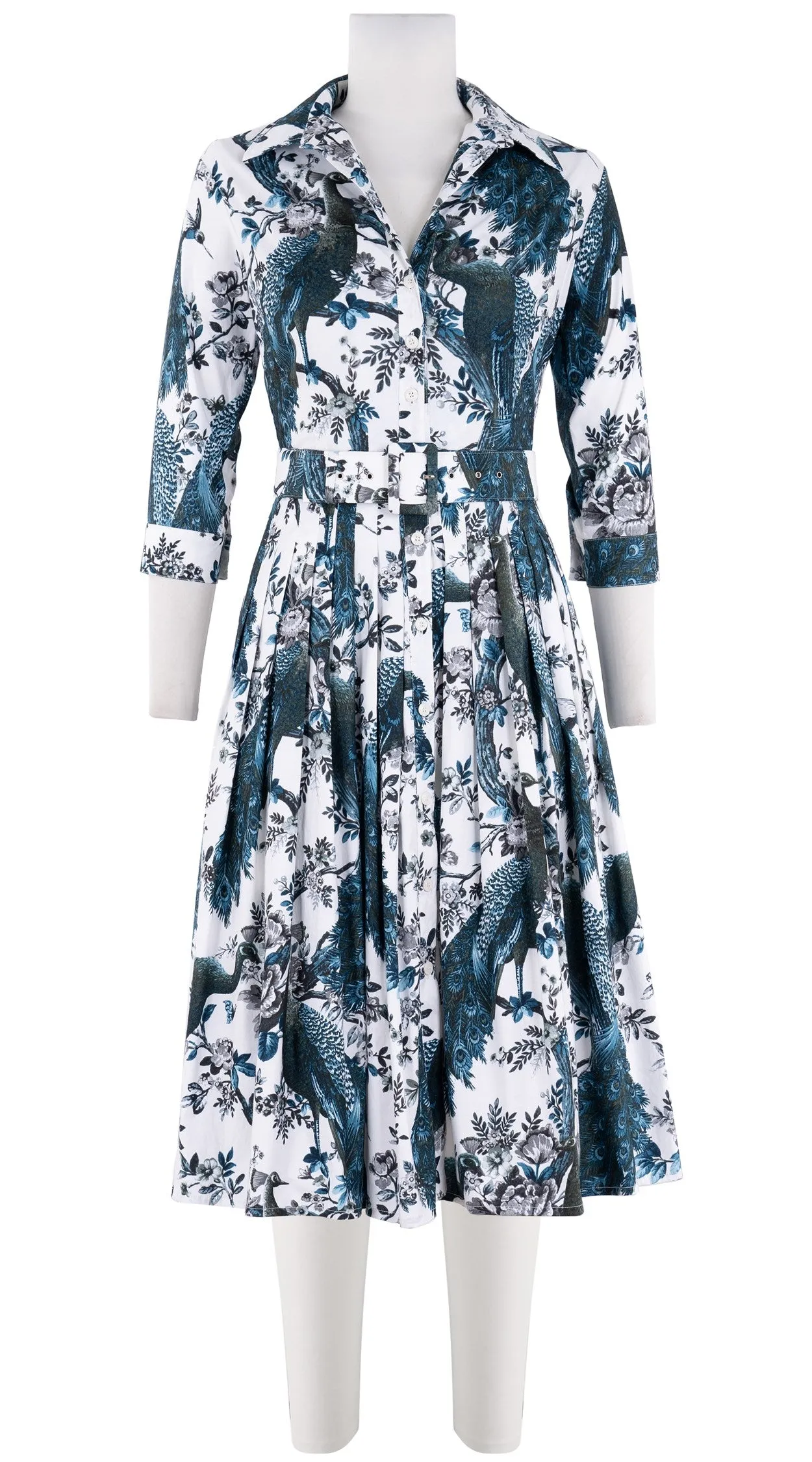 Audrey Dress #2 Shirt Collar 3/4 Sleeve Long  3 Length Cotton Stretch (Belvedere Peacok)
