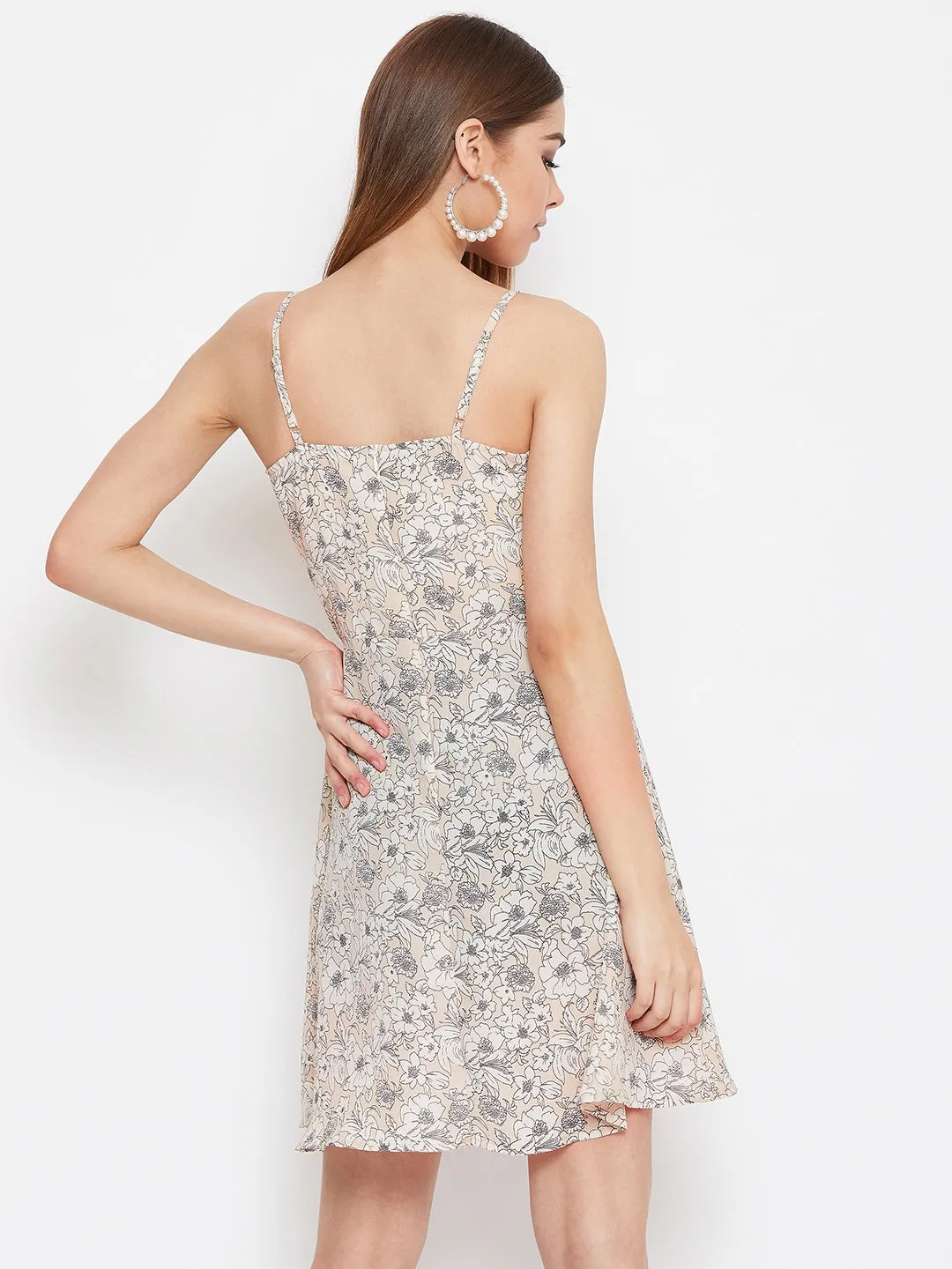 Berrylush Women Beige Floral Printed Square Neck A-Line Mini Dress