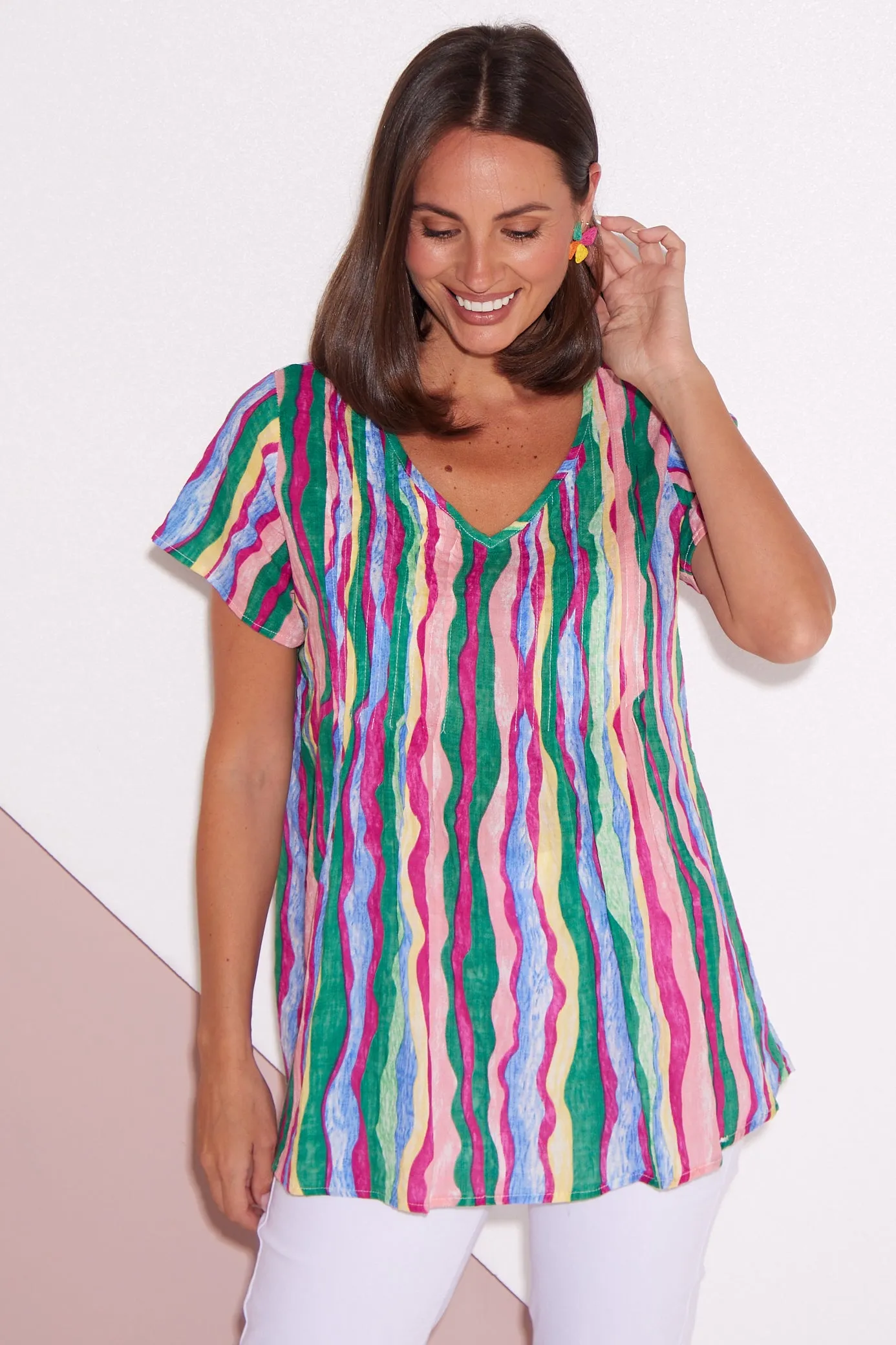 Carmody Cotton Top - Jade/Magenta Ripple