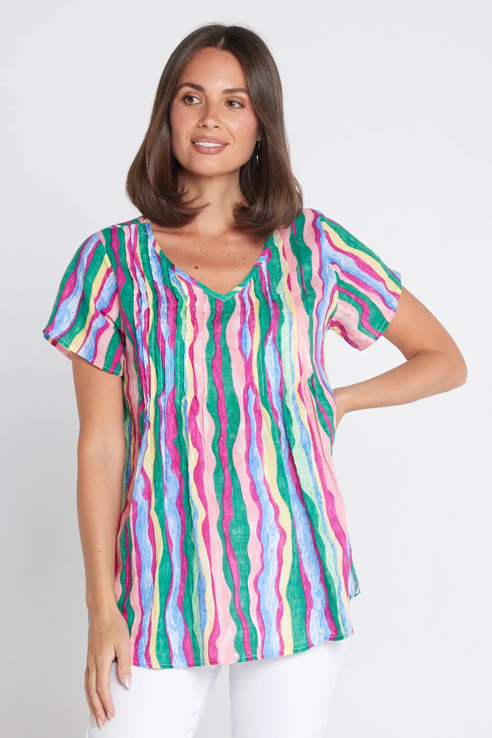 Carmody Cotton Top - Jade/Magenta Ripple
