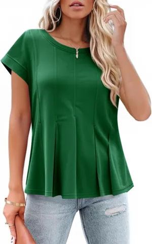 Cicy Bell Womens Summer Peplum Blouse Casual Dressy Cap Sleeve Pleated Tops Ribbed Knit Crew Neck Shirts