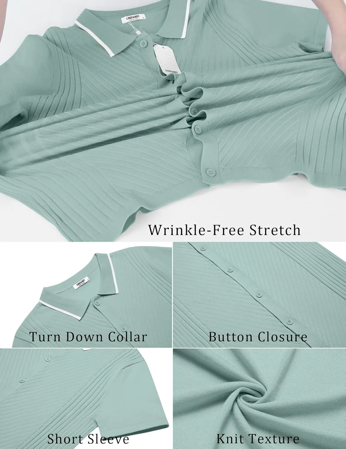 COOFANDY Men's Knit Short Sleeve Button Down Shirt Vintage Polo Shirt Casual Summer Beach Shirts