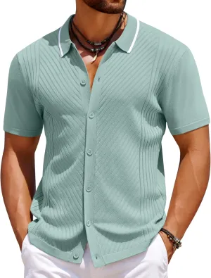 COOFANDY Men's Knit Short Sleeve Button Down Shirt Vintage Polo Shirt Casual Summer Beach Shirts