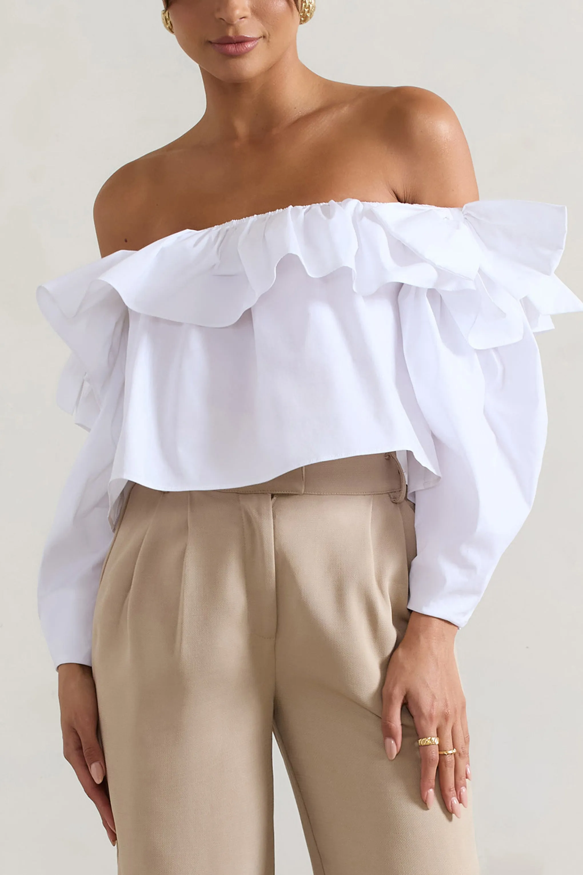 Cove | White Bardot Puff-Sleeve Ruffle Top With Bows