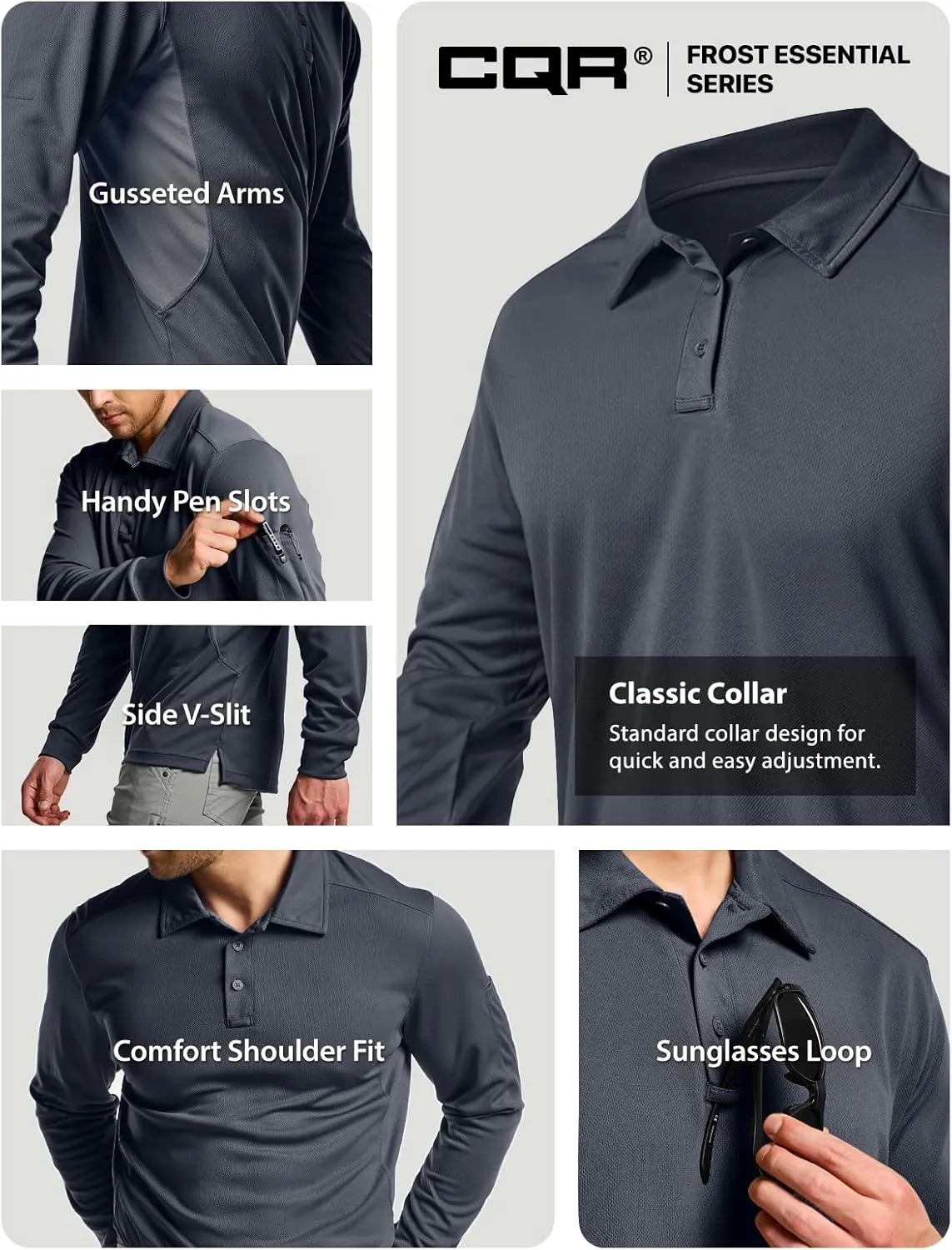 CQR Men's Polo Shirt, Long Sleeve Tactical Shirts, Outdoor UPF 50  Pique Shirt, Dry Fit Lightweight Golf Shirts
