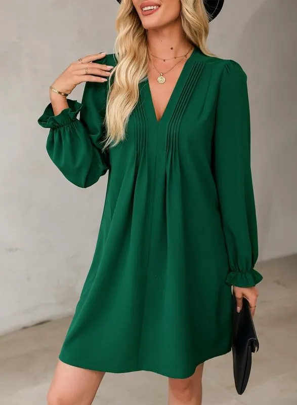 Dokotoo Womens Casual Dress A-Line Ruffle Sleeve V Neck Midi Dress 2025 Fashion Pleated Flowy Sundress Loose Shirt Dresses