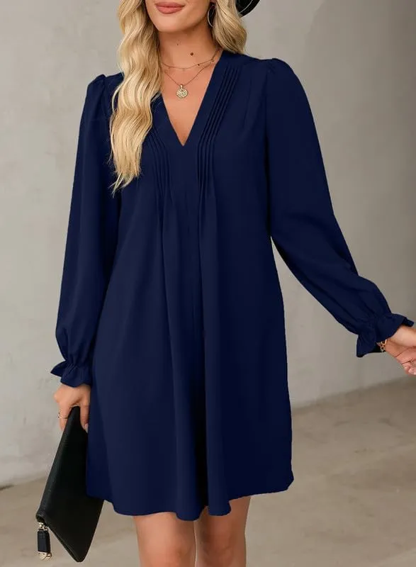 Dokotoo Womens Casual Dress A-Line Ruffle Sleeve V Neck Midi Dress 2025 Fashion Pleated Flowy Sundress Loose Shirt Dresses