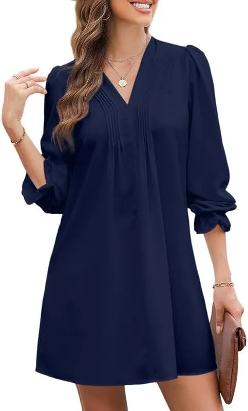 Dokotoo Womens Casual Dress A-Line Ruffle Sleeve V Neck Midi Dress 2025 Fashion Pleated Flowy Sundress Loose Shirt Dresses