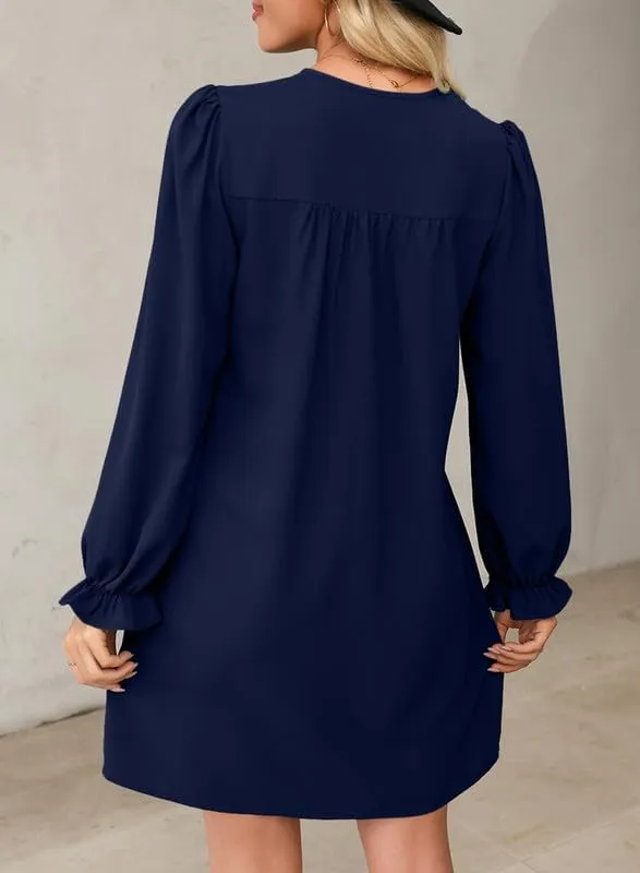 Dokotoo Womens Casual Dress A-Line Ruffle Sleeve V Neck Midi Dress 2025 Fashion Pleated Flowy Sundress Loose Shirt Dresses