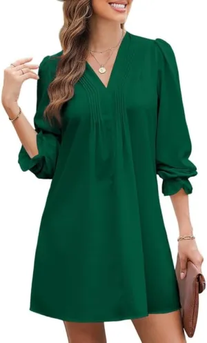 Dokotoo Womens Casual Dress A-Line Ruffle Sleeve V Neck Midi Dress 2025 Fashion Pleated Flowy Sundress Loose Shirt Dresses