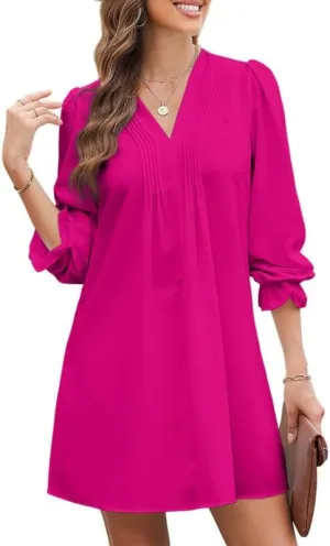 Dokotoo Womens Casual Dress A-Line Ruffle Sleeve V Neck Midi Dress 2025 Fashion Pleated Flowy Sundress Loose Shirt Dresses