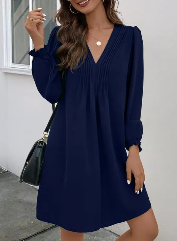 Dokotoo Womens Casual Dress A-Line Ruffle Sleeve V Neck Midi Dress 2025 Fashion Pleated Flowy Sundress Loose Shirt Dresses
