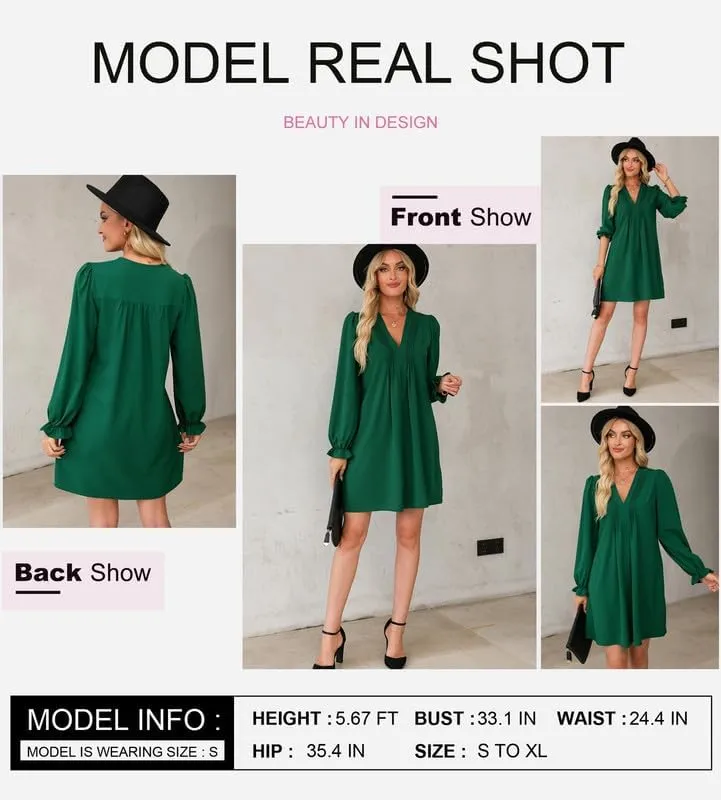 Dokotoo Womens Casual Dress A-Line Ruffle Sleeve V Neck Midi Dress 2025 Fashion Pleated Flowy Sundress Loose Shirt Dresses