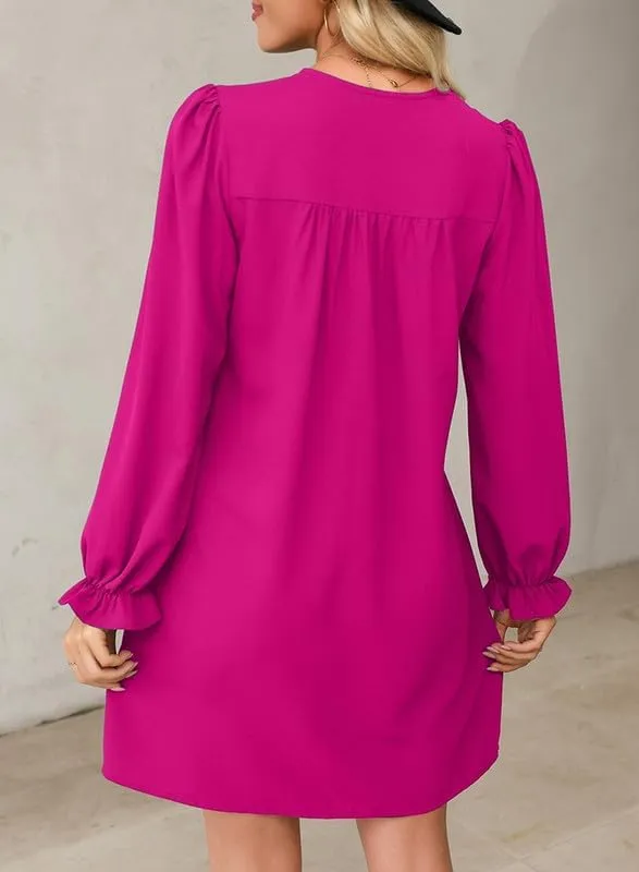 Dokotoo Womens Casual Dress A-Line Ruffle Sleeve V Neck Midi Dress 2025 Fashion Pleated Flowy Sundress Loose Shirt Dresses