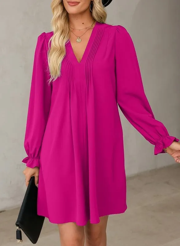 Dokotoo Womens Casual Dress A-Line Ruffle Sleeve V Neck Midi Dress 2025 Fashion Pleated Flowy Sundress Loose Shirt Dresses