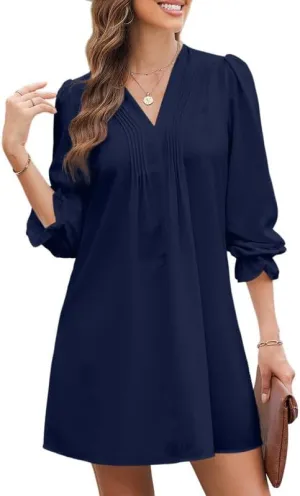 Dokotoo Womens Casual Dress A-Line Ruffle Sleeve V Neck Midi Dress 2025 Fashion Pleated Flowy Sundress Loose Shirt Dresses