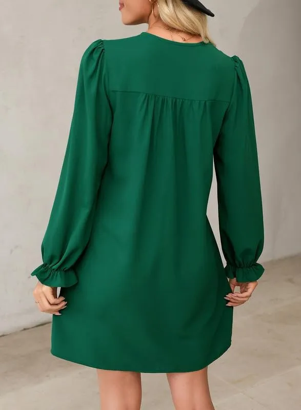 Dokotoo Womens Casual Dress A-Line Ruffle Sleeve V Neck Midi Dress 2025 Fashion Pleated Flowy Sundress Loose Shirt Dresses