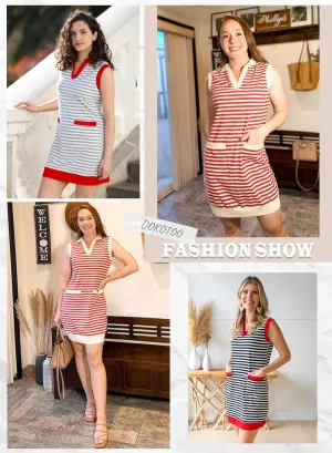 Dokotoo Womens Summer Dresses 2025 V-Neck Sleeveless Striped Casual Mini Dress Sundress with Pockets
