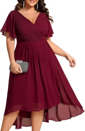 Ever-Pretty Plus Women‘s Short Sleeves V Neck A Line Chiffon Knee Length Plus Size Cocktail Dress for Curvy Women