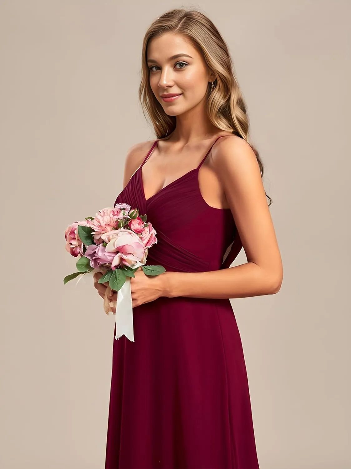Ever-Pretty Women's Sexy Spaghetti Straps Cowl Back Empire Waist A Line Pleated Chiffon Bridesmaid Dress 80026-PH