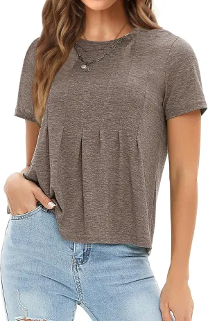 EXLURA Womens Summer Cute Crop Tops Short Sleeve Pleated Tshirts Crewneck Business Trendy Blouse Beach Vacation Outfits 2025