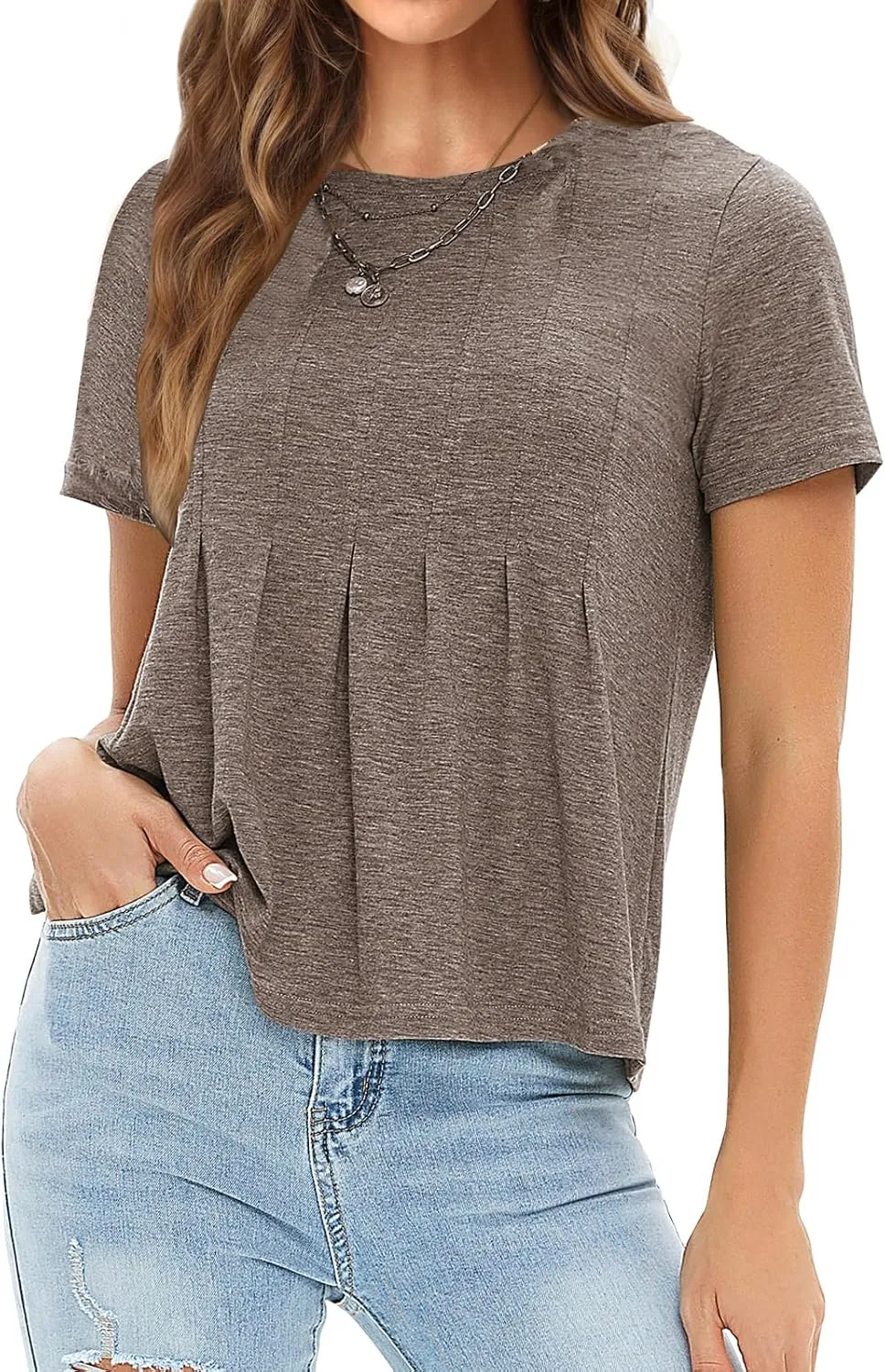 EXLURA Womens Summer Cute Crop Tops Short Sleeve Pleated Tshirts Crewneck Business Trendy Blouse Beach Vacation Outfits 2025