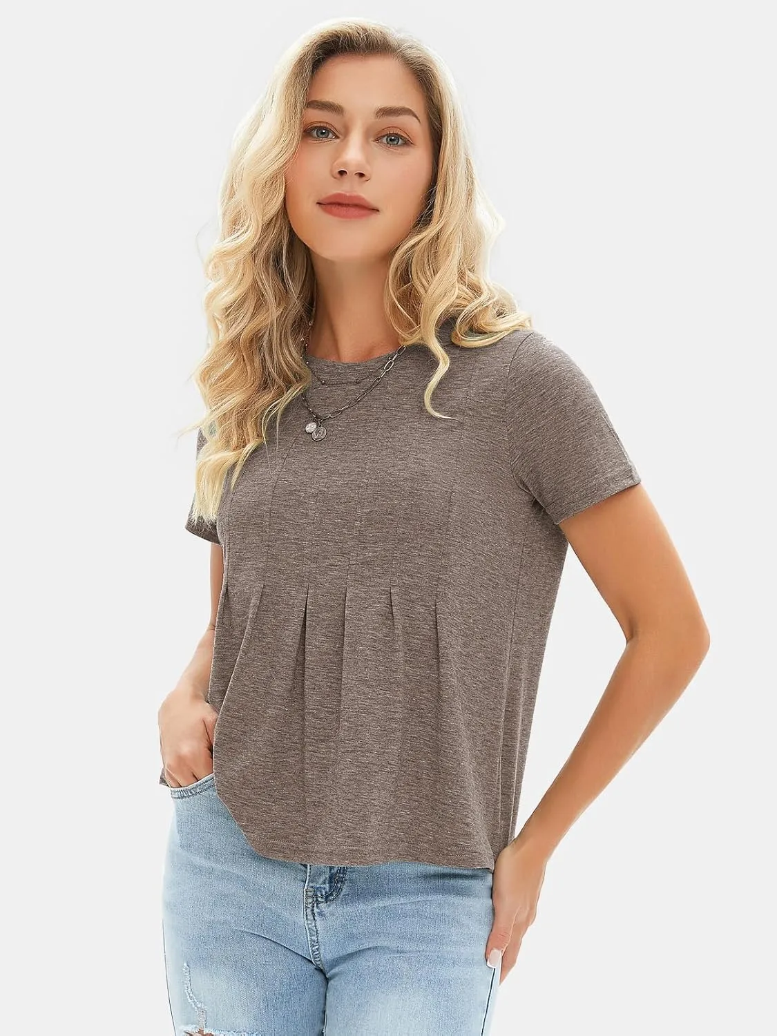 EXLURA Womens Summer Cute Crop Tops Short Sleeve Pleated Tshirts Crewneck Business Trendy Blouse Beach Vacation Outfits 2025