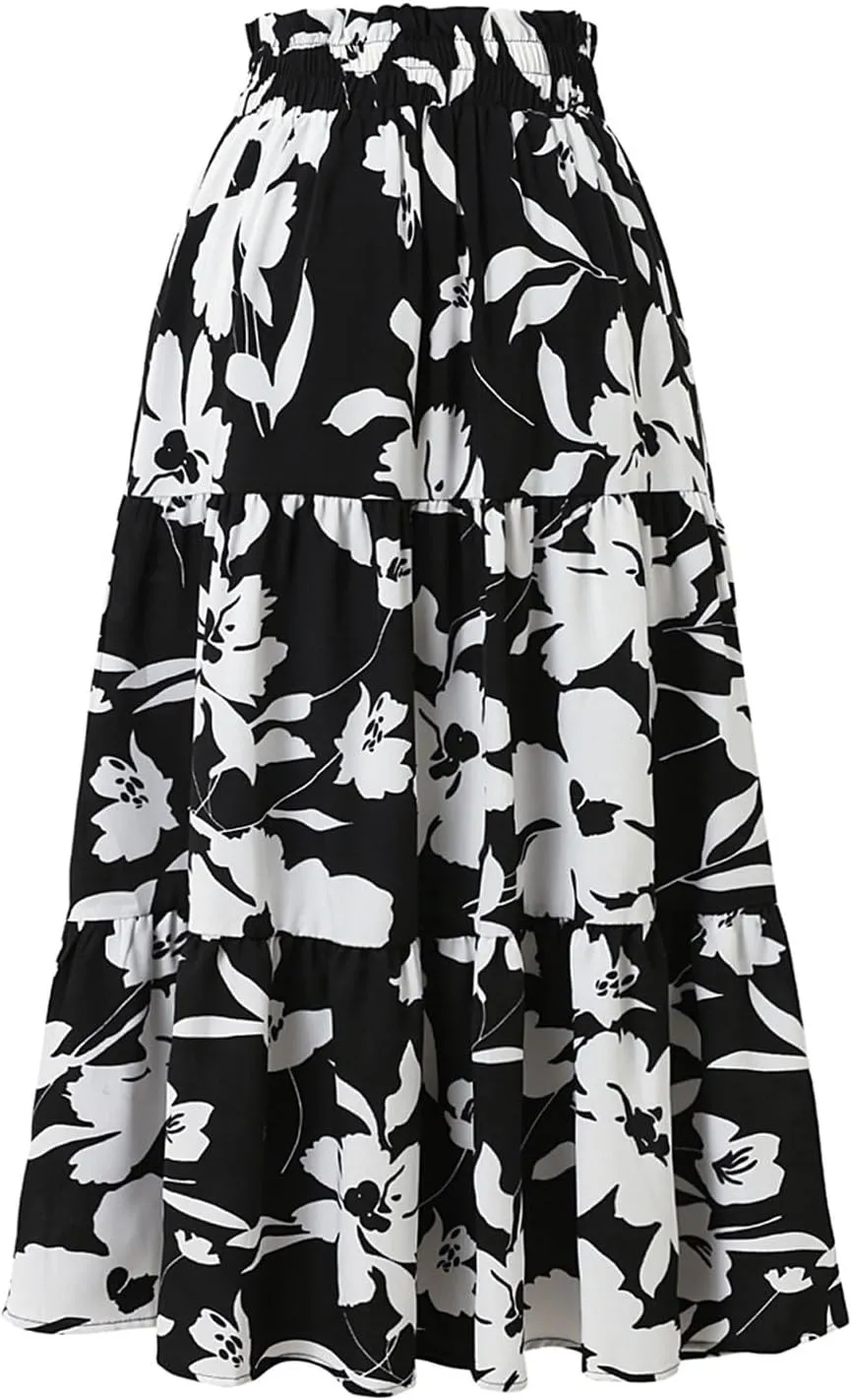 Floral Maxi Skirts for Women 2025 Summer Comfy Tiered Elastic High Waisted Skorts Vacation Flowy Swing Long Dress